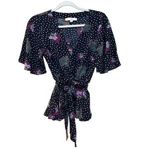 2/$30 LOFT Blouse Womens Small Floral Polka Dot Wrap Tie Waist Top Short Sleeve